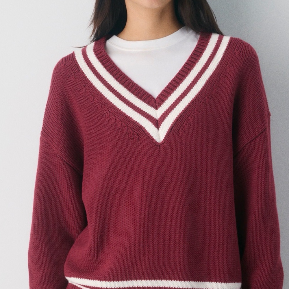 TNA Burgundy and White V-Neck Sweater
